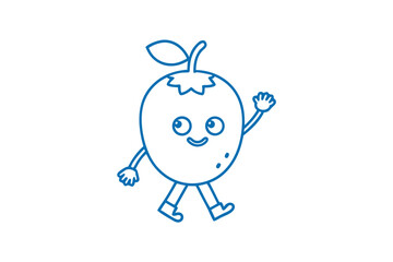 Smiling fruit character with stem and leaves is walking while waving hello cheerfully