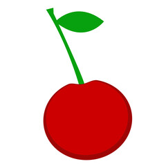 Simple Flat Color Vector Icon of a Single Red Cherry with a Green Stem and Leaf, Symbolizing Fruit and Sweetness