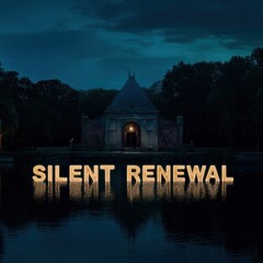 Night scene with illuminated text and building silhouette reflecting on water