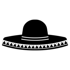 Traditional Mexican Sombrero Hat Black Silhouette Vector Icon with Decorative Band and Geometric Pattern, Representing Cinco de Mayo, Culture, and Fiesta Celebrations