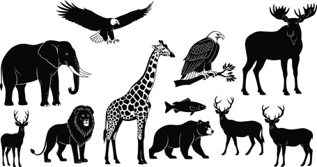 Wild animal silhouette vector set, black and white nature icons, forest and savanna species, eagle, elephant, deer, bear, moose, giraffe