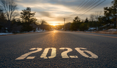 Golden sunset illuminates the road to 2026, painting a path forward with optimism and hope for a bright future, new beginnings, and successful endeavors