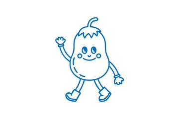 Smiling pear cartoon character with shoes is walking and waving hello cheerfully