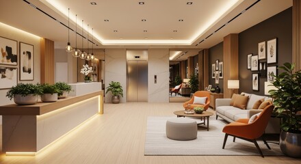 Modern hotel lobby or apartment common area interior, featuring seating and