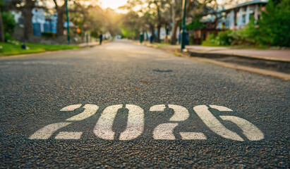 Obraz premium Embrace the dawn of 2026 with optimism, hope, and exciting possibilities for the future ahead on the open road to new beginnings and adventures