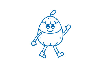 Smiling cartoon fruit character is walking happily with simple blue line art