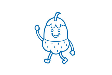 Friendly blue fruit cartoon character waves while walking happily across a white background