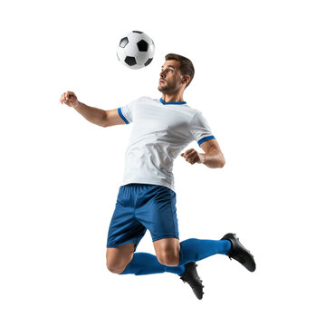 Male soccer player heading the ball, isolated on transparent background