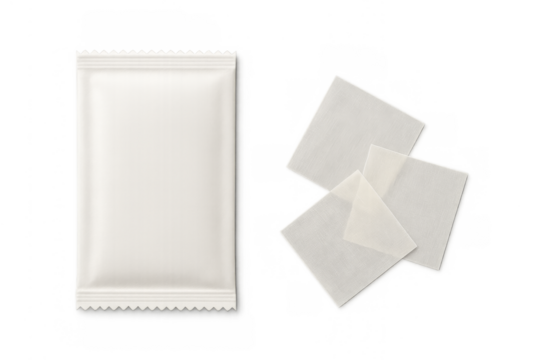 Wet wipe sachet and disposable wipes transparent background