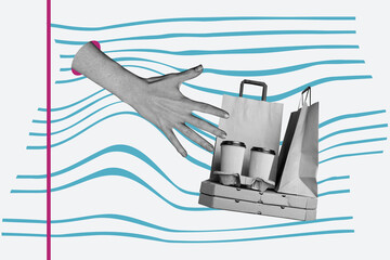 Image 3d trendy art banner pop collage of human hand show box pizza order coffee cup bag nutrition delivery service concept