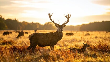 Majestic stag with large antlers stands regally in a sun-drenched meadow at sunrise with other deer grazing in the background autumn forest
