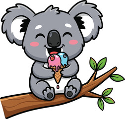 Cute cartoon koala eating colorful ice cream on tree branch, adorable animal illustration, sweet summer dessert art