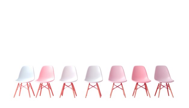 Seven pastel-colored chairs with wooden legs arranged in a row against a black background