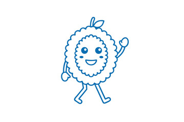 Cheerful rambutan character walks, waving with a joyous smile on white in clean design