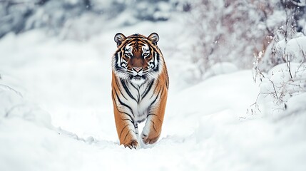 Obraz premium Tiger walking through snow wildlife animal winter predator big cat siberian beauty nature majestic wildcat
