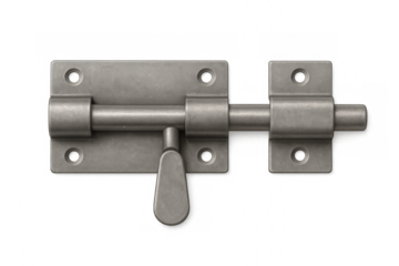 Metal slide bolt latch securing door hardware, transparent background