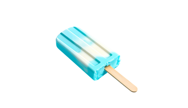 Isolated popsicle with blue and white layers on a wooden stick against black background