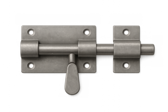 Metal slide bolt latch securing door hardware, transparent background