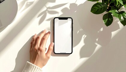 Overhead view of a person's hand reaching for a white screen smartphone on a white desk with green plant and soft sunlight creating shadows