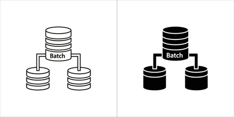Two icons representing batch processing, one outlined and one filled, showing data stacks connected to a central batch element