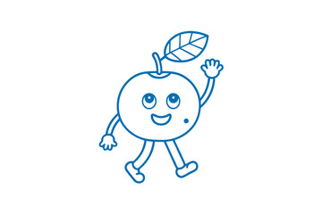 Joyful outline of an apple character waves while walking in a cheerful, friendly manner