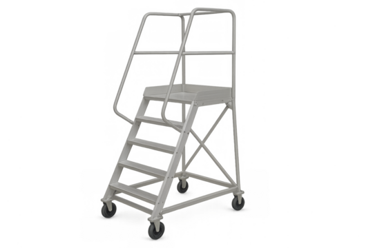 Industrial rolling platform ladder with handrails and wheels