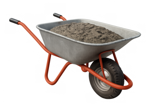 Wheelbarrow full of sand for construction on transparent background