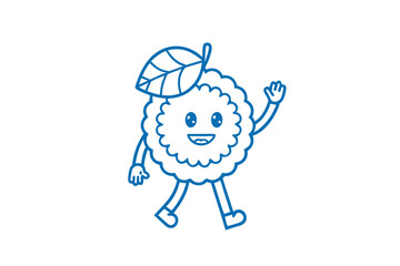 Smiling lychee fruit character with leaf is walking and waving its hand happily