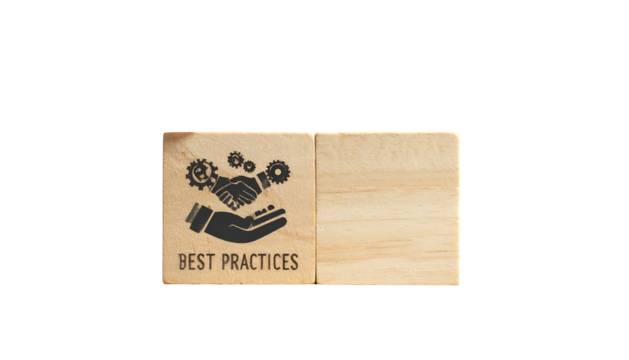Two wooden blocks, one with gears and handshake, "Best Practices" text - Powered by Adobe