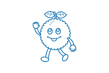 Naklejka premium Playful cartoon rambutan smiles, waves hello, and joyfully walks on a white background