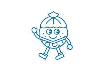 Whimsical dotted sphere character waves hello with an upbeat attitude in outlined blue design