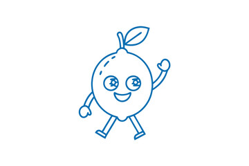 Joyful lemon outline character walks and waves with smiling expression in a simple scene