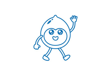 Playful blue outline cartoon seed smiles and waves its hand cheerily on white