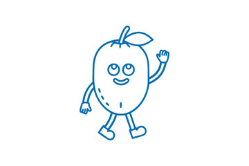Smiling mango character with blue outlines waves his hand happily while walking forward