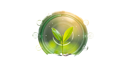 Emerging green sprout within a transparent digital interface, symbol of growth