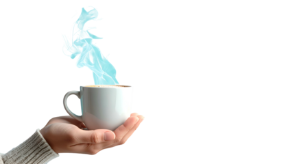 A hand holds a white mug with blue steam rising, set against a stark black background