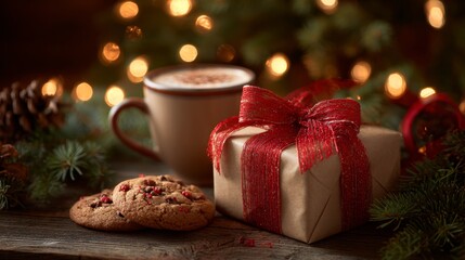 Festive Christmas gift box with cookies and coffee by warm lights