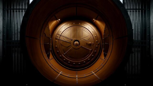 High-security repository door opens to reveal a golden inner mechanism. Financial protection, wealth storage, and data security concept. Forward camera movement to a close-up.
