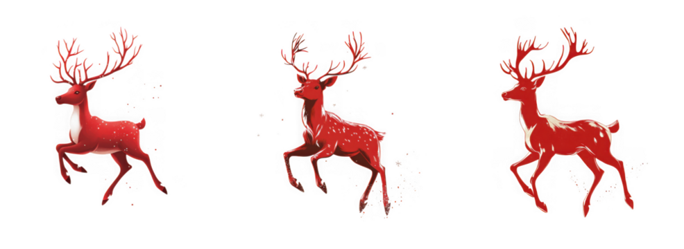 Three red reindeer silhouettes isolated on transparent background