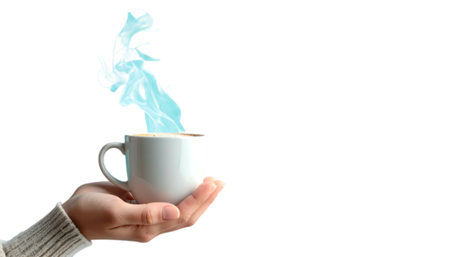 A hand holds a white mug with blue steam rising, set against a stark black background
