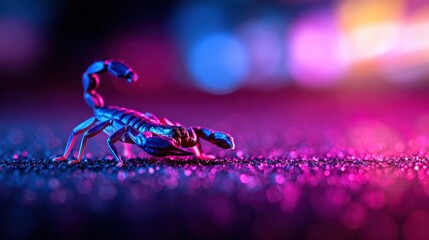 Fototapeta premium A vibrant close-up of a scorpion crawling across a glittering surface illuminated by colorful lights