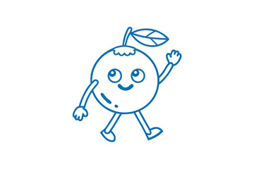 Cute orange mascot with a leaf is walking and waving its arm happily