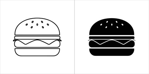 Black and white outline and silhouette icons of a hamburger