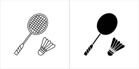 Black and white outline and silhouette icons of a badminton racket and shuttlecock