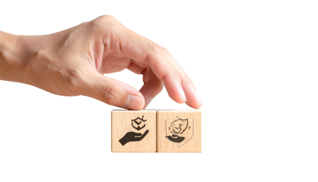 Hand hovering over two wooden blocks with painted icons on a black background