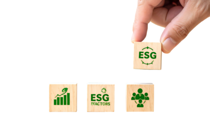 Hand placing a wooden block with "ESG" over blocks with growth, factors, and team icons