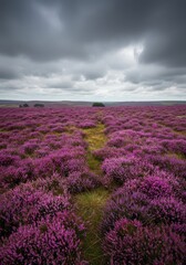 Fototapeta premium Expansive purple and pink heather blooms covering rolling, windswept moorland hillsides under a vast sky, representing rugged wild beauty, blossoms, ecosystem, pink