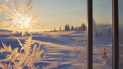 Winter sunrise peeking through frosted windows in snowy landscape. Christmas videos - Powered by Adobe