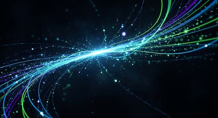 Swirling neon light trails and particles create abstract futuristic motion graphic on dark background
