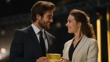 Elegant presenter handing golden award to smiling recipient under spotlight, emotion of admiration and mutual respect visible, representing recognition of talent, achievement ceremony, and